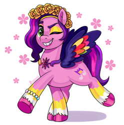 Size: 1974x1988 | Tagged: safe, artist:zendora, pipp petals, pegasus, pony, g5, adorapipp, backwards cutie mark, bridlewoodstock, cute, female, festive, floral head wreath, flower, grin, looking at you, mare, one eye closed, pippsqueaks, princess, simple background, smiling, smiling at you, solo, white background, wings, wink, winking at you