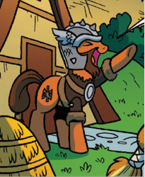 Size: 436x533 | Tagged: safe, artist:brendahickey, idw, official comic, pony, g4, legends of magic, spoiler:comic, spoiler:comiclom2, facial hair, helmet, male, mighty helm, open mouth, stallion, unnamed character, unnamed pony