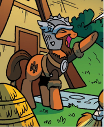 Size: 436x533 | Tagged: safe, artist:brenda hickey, idw, official comic, pony, g4, legends of magic #2, my little pony: legends of magic, spoiler:comic, facial hair, helmet, male, mighty helm, open mouth, stallion, unnamed character, unnamed pony