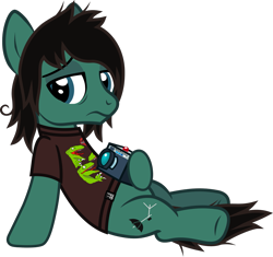 Size: 1088x1023 | Tagged: safe, artist:lightningbolt, derpibooru exclusive, earth pony, pony, g4, .svg available, bags under eyes, bring me the horizon, camera, clone, clothes, evil clone, frown, hoof hold, leaning back, lidded eyes, looking back, male, messy mane, messy tail, piercing, ponified, sad, shirt, show accurate, simple background, sitting, solo, stallion, svg, t-shirt, tail, tattoo, tom sykes, transparent background, vector