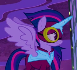 Size: 735x661 | Tagged: safe, screencap, twilight sparkle, alicorn, pony, g4, power ponies (episode), cropped, cute, female, masked matter-horn costume, night, power ponies, skyscraper, solo, superhero, superhero costume, tower, twiabetes, twilight sparkle (alicorn)