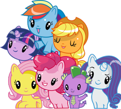 Size: 361x324 | Tagged: safe, applejack, fluttershy, pinkie pie, rainbow dash, rarity, spike, twilight sparkle, dragon, earth pony, pegasus, pony, unicorn, g4, official, cutie mark crew, eyebrows, female, flying, leaning forward, looking at you, lying down, mane seven, mane six, mare, open mouth, open smile, prone, raised eyebrow, simple background, sitting, smiling, smiling at you, spread arms, toy, transparent background, underhoof