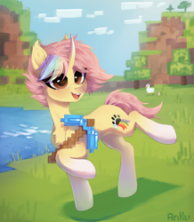 Size: 2610x3000 | Tagged: safe, artist:anku, oc, oc only, oc:ponkus, bat pony, bat pony unicorn, bird, chicken, hybrid, pony, unicorn, :d, chest fluff, cloud, coat markings, curved horn, diamond pickaxe, ear tufts, eye clipping through hair, eyebrows, eyebrows visible through hair, female, grass, high res, horn, horn markings, mare, minecraft, open mouth, open smile, outdoors, pickaxe, short mane, short tail, smiling, socks (coat markings), solo, standing on two hooves, tail, walking