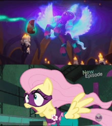 Size: 720x814 | Tagged: safe, edit, edited screencap, screencap, fluttershy, opaline arcana, saddle rager, alicorn, pegasus, pony, g4, g5, missing the mark, my little pony: make your mark, my little pony: make your mark chapter 4, power ponies (episode), spoiler:g5, angry, dragon stone, female, fluttershy is not amused, generation leap, mare, opaline's dark castle, open mouth, power ponies, unamused