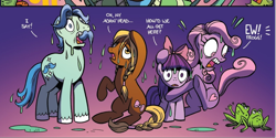 Size: 1598x802 | Tagged: safe, idw, official comic, meadowbrook, earth pony, frog, pony, g4, legends of magic #6, my little pony: legends of magic, spoiler:comic, bow, braid, facial hair, female, filly, foal, male, mare, moustache, not apple bloom, not fancypants, stallion, unnamed character, unnamed pony, wet, wide eyes