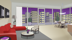 Size: 7680x4319 | Tagged: safe, artist:n0kkun, artist:swiftgaiathebrony, apartment, background, building, chair, city, couch, manehattan, night, pillow, stars, table