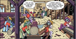 Size: 1570x817 | Tagged: safe, artist:brenda hickey, idw, official comic, apple bloom, filthy rich, scootaloo, sweetie belle, earth pony, pegasus, pony, unicorn, g4, spoiler:comic, spoiler:comicspiritoftheforest01, apple core, bottle, building, clothes, construction pony, cutie mark crusaders, female, filly, foal, hard hat, hat, lumber mill, male, saw, speech bubble, stallion, unnamed character, unnamed pony