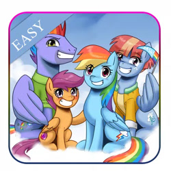 Size: 512x512 | Tagged: safe, artist:johnjoseco, edit, bow hothoof, rainbow dash, scootaloo, windy whistles, pegasus, pony, g4, awkward smile, blushing, clothes, cloud, cute, cutealoo, dashabetes, eye clipping through hair, family, female, filly, foal, folded wings, freckles, grin, gritted teeth, hoof on shoulder, looking at you, male, mare, on a cloud, pennant, rainbow dash's parents, scootalove, ship:windyhoof, shipping, shirt, signature, sky, smiling, smirk, spread wings, squee, stallion, straight, teeth, the cmc's cutie marks, wing hands, wings