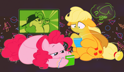 Size: 1280x749 | Tagged: safe, artist:vellichorom, applejack, pinkie pie, earth pony, pony, g4, duo, freckles, frown, hat, lying down, pokémon, sitting, smiling