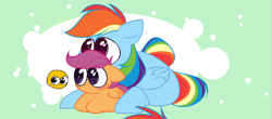 Size: 1280x562 | Tagged: safe, artist:vellichorom, rainbow dash, scootaloo, pegasus, pony, g4, big eyes, blushing, cuddling, duo, lying down, ponyloaf, prone, scootalove