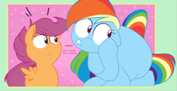 Size: 1280x655 | Tagged: safe, artist:vellichorom, rainbow dash, scootaloo, pegasus, pony, g4, bust, duo, scootalove, text