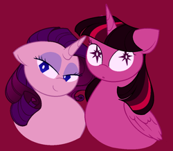 Size: 934x814 | Tagged: safe, artist:vellichorom, rarity, twilight sparkle, alicorn, pony, unicorn, g4, bust, duo, pink background, simple background, smiling, starry eyes, twilight sparkle (alicorn), wingding eyes