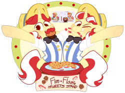 Size: 1280x959 | Tagged: safe, artist:vellichorom, flam, flim, pony, g4, bowtie, brothers, clothes, duo, facial hair, flim flam brothers, moustache, one eye closed, siblings, simple background, text, transparent background, wink