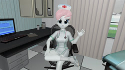 Size: 1920x1080 | Tagged: safe, artist:oatmeal!, part of a set, nurse redheart, human, equestria girls, g4, 3d, computer, crossed legs, doctor's office, gmod, hand on knee, hand on leg, hat, looking at you, nurse, nurse hat, nurse outfit, sitting, solo, waving
