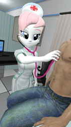 Size: 1080x1920 | Tagged: safe, artist:oatmeal!, part of a set, nurse redheart, oc, unnamed oc, human, equestria girls, g4, 3d, belly button, computer, doctor's office, gmod, laptop computer, looking at someone, nurse, nurse outfit, stethoscope