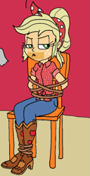 Size: 463x903 | Tagged: safe, artist:bugssonicx, applejack, human, equestria girls, g4, applejack is not amused, bandana, bondage, humanized, rope, rope bondage, sitting, tape mark, tied to chair, tied up, unamused