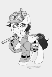 Size: 692x1024 | Tagged: safe, artist:36hourstoingi, zipp storm, pegasus, pony, g5, ace attorney, clothes, cosplay, costume, crossover, deerstalker, detective, detective zipp, gun, handgun, hat, herlock sholmes, monochrome, revolver, sherlock holmes, the great ace attorney, vial, video game, weapon, wings, zipplock