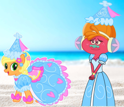 Size: 1060x919 | Tagged: safe, applejack, earth pony, pony, g4, beach, beautiful, clothes, dj suki, dress, duo, duo female, female, froufrou glittery lacy outfit, hat, hennin, looking at each other, looking at someone, pretty, princess, princess applejack, smiling, smiling at each other, trolls, trollstopia