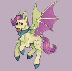 Size: 827x815 | Tagged: safe, artist:zeraphiimm, fluttershy, bat pony, pony, g4, apple, bandana, bat wings, flying, food, herbivore, mouth hold, solo, trans fluttershy, transgender, wings