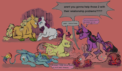 Size: 2048x1190 | Tagged: safe, artist:zeraphiimm, applejack, fluttershy, pinkie pie, rainbow dash, rarity, twilight sparkle, alicorn, earth pony, pegasus, pony, unicorn, g4, dudeweed, glasses, implied drug use, looking at each other, looking at someone, lying down, mane six, pink background, simple background, sitting, smiling, text