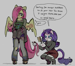 Size: 2048x1793 | Tagged: safe, artist:zeraphiimm, fluttershy, rarity, pegasus, unicorn, anthro, g4, blushing, clothes, crouching, duo, female, jacket, leonine tail, makeup, rarity being rarity, skirt, spread wings, tail, text, wings