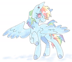 Size: 1994x1705 | Tagged: safe, artist:nutsack90, rainbow dash, pegasus, pony, g4, ear piercing, looking at you, piercing, raised hoof, simple background, smiling, solo, spread wings, white background, wings