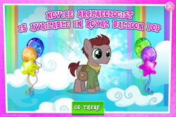Size: 1961x1305 | Tagged: safe, gameloft, dust brush, earth pony, pony, g4, my little pony: magic princess, official, advertisement, bag, balloon, balloon pop, clothes, colt, english, foal, male, mobile game, shirt, solo, text