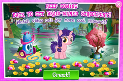 Size: 1960x1301 | Tagged: safe, gameloft, raspberry dazzle, pony, unicorn, g4, my little pony: magic princess, official, advertisement, coin, english, female, filly, foal, gem, horn, mobile game, solo, text, tree, vacuum cleaner