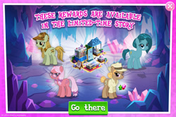 Size: 1958x1300 | Tagged: safe, gameloft, idw, berrybows, buried treasure, fall woodland, sweeping wave, earth pony, pony, g4, my little pony: magic princess, official, advertisement, bow, bush, camouflage, clothes, english, female, gem, glasses, hair bow, hat, idw showified, mare, necktie, rock, shirt, tail, tail bow, text