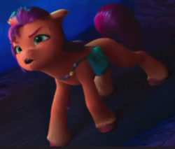 Size: 623x532 | Tagged: safe, screencap, sunny starscout, earth pony, pony, g5, missing the mark, my little pony: make your mark, my little pony: make your mark chapter 4, spoiler:g5, bag, cropped, female, focus, mane stripe sunny, mare, saddle bag, solo