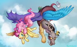 Size: 4702x2850 | Tagged: safe, artist:t0byinthesky, discord, fluttershy, draconequus, pegasus, pony, g4, cloud, duo, female, flying, looking at each other, looking at someone, male, mare, open mouth, open smile, ship:discoshy, shipping, signature, sky, smiling, straight
