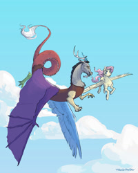Size: 1024x1280 | Tagged: safe, artist:t0byinthesky, discord, fluttershy, draconequus, pegasus, pony, g4, cloud, duo, female, flying, looking at each other, looking at someone, male, mare, open mouth, open smile, ship:discoshy, shipping, sky, smiling, straight