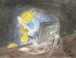 Size: 2991x2285 | Tagged: safe, artist:opti, oc, oc only, oc:guiding light, pony, unicorn, computer, glowing, glowing eyes, high res, keyboard, solo, stunned, traditional art