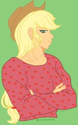 Size: 1043x1674 | Tagged: safe, artist:xxxlauravalentinexxx, applejack, human, equestria girls, g4, applejack's hat, applejacked, bust, clothes, cowboy hat, crossed arms, female, green background, hat, looking down, muscles, portrait, shirt, simple background, solo, unamused