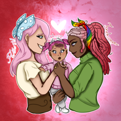 Size: 3500x3500 | Tagged: safe, artist:victoriaisme1, fluttershy, tree hugger, oc, oc:charm, human, g4, abstract background, dark skin, dreadlocks, family, female, heart, high res, humanized, humanized oc, jewelry, lesbian, light skin, magical lesbian spawn, offspring, parent:fluttershy, parent:tree hugger, parents:flutterhugger, ring, ship:flutterhugger, shipping, smiling, tan skin, wedding ring