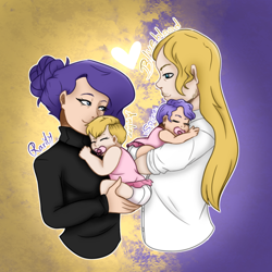 Size: 3500x3500 | Tagged: safe, artist:victoriaisme1, prince blueblood, rarity, oc, oc:amber, oc:spice, human, g4, abstract background, baby, diaper, family, female, heart, high res, humanized, humanized oc, light skin, male, offspring, pacifier, parent:prince blueblood, parent:rarity, parents:rariblood, ship:rariblood, shipping, sleeping, straight