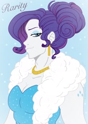 Size: 1256x1762 | Tagged: safe, artist:xxxlauravalentinexxx, rarity, human, equestria girls, g4, blue background, bust, clothes, dress, ear piercing, earring, fur, jewelry, lidded eyes, necklace, piercing, portrait, shawl, simple background, smiling, solo