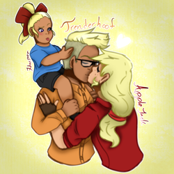 Size: 3500x3500 | Tagged: safe, artist:victoriaisme1, applejack, trenderhoof, oc, oc:harper, human, g4, abstract background, eyes closed, family, female, glasses, heart, high res, humanized, humanized oc, kiss on the lips, kissing, light skin, male, moderate dark skin, offspring, parent:applejack, parent:trenderhoof, parents:trenderjack, shipping, shoulder ride, straight, tan skin, tongue out, trenderjack