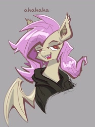 Size: 1536x2048 | Tagged: safe, artist:catscratchpaper, fluttershy, bat pony, pegasus, pony, g4, bat ears, bat ponified, bat wings, bust, clothes, female, flutterbat, gray background, hoodie, mare, open mouth, race swap, simple background, smiling, solo, text, wings