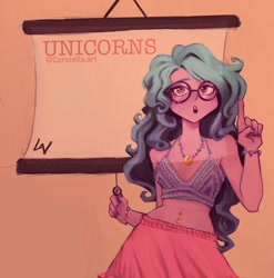 Size: 1750x1774 | Tagged: safe, artist:corstella, izzy moonbow, human, g5, belly button, clothes, female, glasses, humanized, jewelry, midriff, necklace, skirt, solo, text