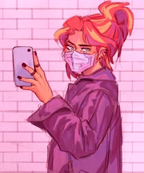 Size: 1700x2048 | Tagged: safe, artist:corstella, sunset shimmer, human, equestria girls, g4, clothes, ear piercing, female, jacket, looking at you, mask, phone, piercing, ponytail, selfie, solo