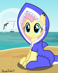 Size: 1024x1280 | Tagged: safe, artist:thunderdasher07, fluttershy, pinkie pie, earth pony, great white shark, pegasus, pony, shark, g4, abdl, adult foal, animal costume, beach, bipedal, boat, breaching, chest fluff, clothes, cloud, costume, diaper, diaper fetish, diaper under clothes, diapered, distant, duo, ear fluff, eyes closed, female, fetish, footed sleeper, hoof fluff, hooves up, kigurumi, leg fluff, looking at you, mare, non-baby in diaper, ocean, onesie, poofy diaper, raised hooves, rowboat, shark costume, shark week, show accurate, signature, sitting, smiling, solo focus, talking, water, zipper