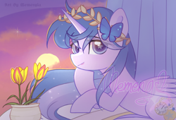 Size: 1358x921 | Tagged: safe, artist:memengla, oc, oc only, alicorn, pony, alicorn oc, commission, curtains, flower, horn, looking at you, lying down, prone, solo, sparkling mane, starry eyes, wingding eyes, wings