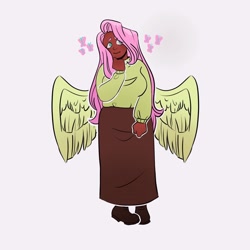 Size: 1440x1440 | Tagged: safe, artist:emiwemmyy, fluttershy, human, g4, clothes, dark skin, humanized, simple background, skirt, smiling, solo, sweater, white background, wings