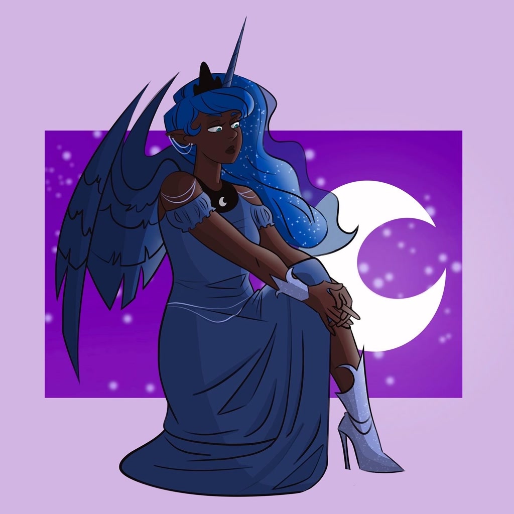 3168571 Safe Artistemiwemmyy Princess Luna Alicorn Anthro Clothes Crown Dark Skin 3128