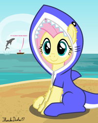 Size: 1024x1280 | Tagged: safe, alternate version, artist:thunderdasher07, fluttershy, pinkie pie, earth pony, great white shark, pegasus, pony, shark, g4, animal costume, beach, bipedal, boat, breaching, chest fluff, clothes, cloud, costume, ear fluff, eyes closed, female, footed sleeper, hoof fluff, hooves up, kigurumi, leg fluff, looking at you, mare, ocean, onesie, raised hooves, rowboat, shark costume, shark week, signature, sitting, smiling, solo focus, talking, text, water, zipper