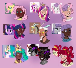 Size: 2048x1831 | Tagged: safe, artist:emiwemmyy, discord, fluttershy, king sombra, maud pie, princess cadance, princess celestia, sweetie belle, twilight sparkle, human, anthro, g4, bust, crown, dark skin, frown, horn, horned humanization, humanized, jewelry, regalia, simple background, smiling