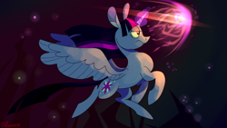 Size: 1280x723 | Tagged: safe, artist:1racat, twilight sparkle, alicorn, pony, g4, flying, frown, magic, solo, spread wings, twilight sparkle (alicorn), wings