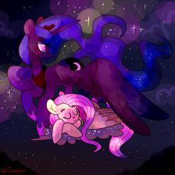 Size: 1280x1280 | Tagged: safe, artist:1racat, fluttershy, princess luna, alicorn, pegasus, pony, g4, duo, jewelry, lying down, regalia, sleeping, space