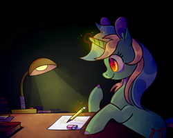 Size: 1280x1024 | Tagged: safe, artist:1racat, lyra heartstrings, pony, unicorn, g4, book, colored hooves, desk lamp, eraser, magic, pencil, sitting, smiling, solo, that pony sure does love humans